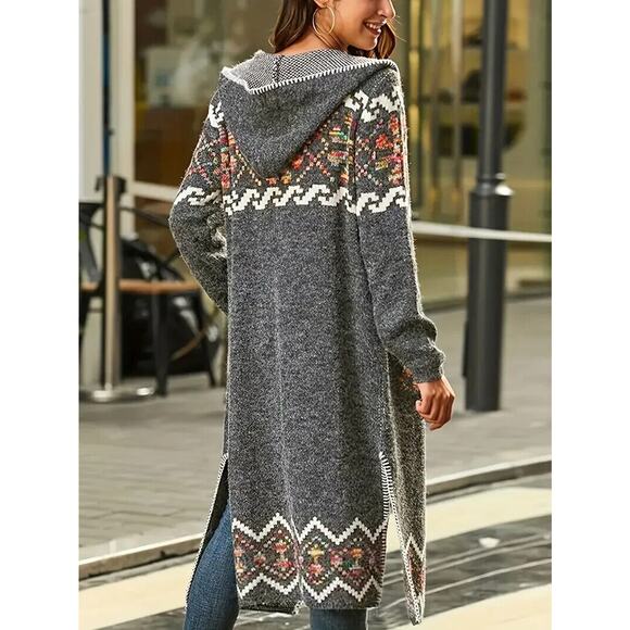 ReStyleBoutiq Sweaters - Sweater Womens Plus Cardigan Gray Hooded Long Duster Aztec Pockets